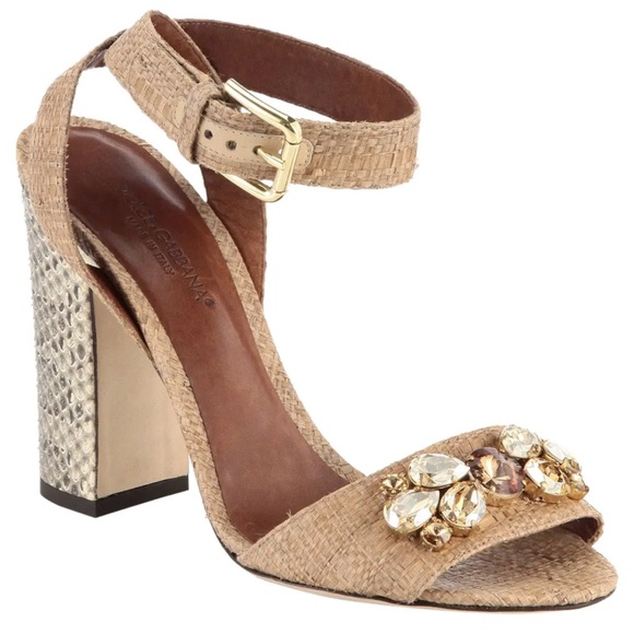 Dolce Gabbana Raffia Snakeskin Jeweled Block Heel Sandals Designer EU 40 US 10 - Picture 14 of 15